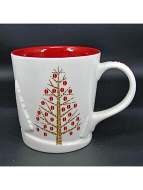 Starbucks 2008 Holiday Mug 14oz Embossed Reindeer Christmas Tree Coffee Bean Cup